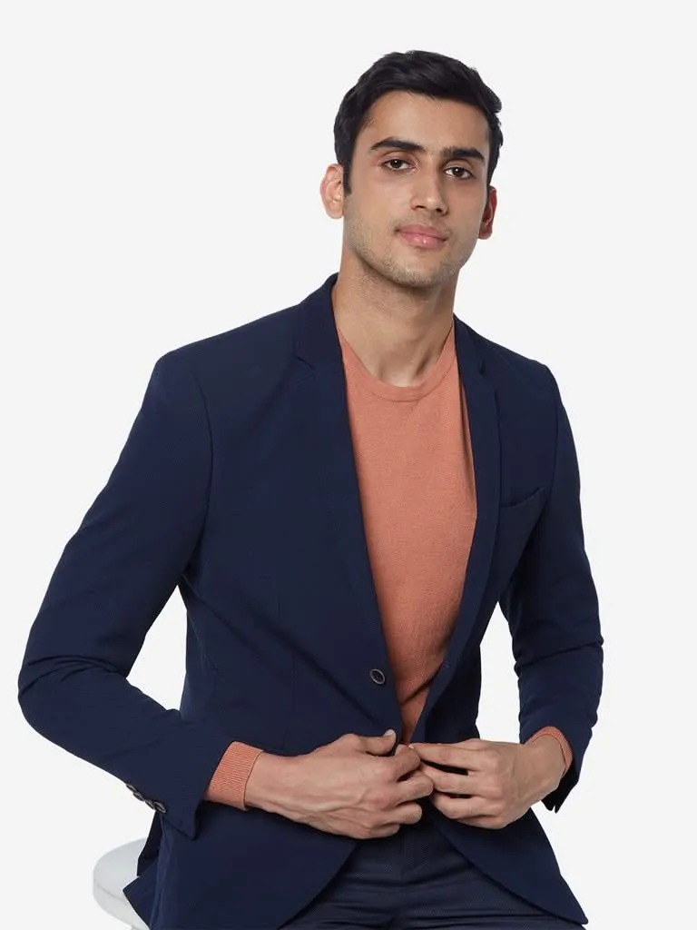 WES Formals Navy Slim-Fit Textured Blazer