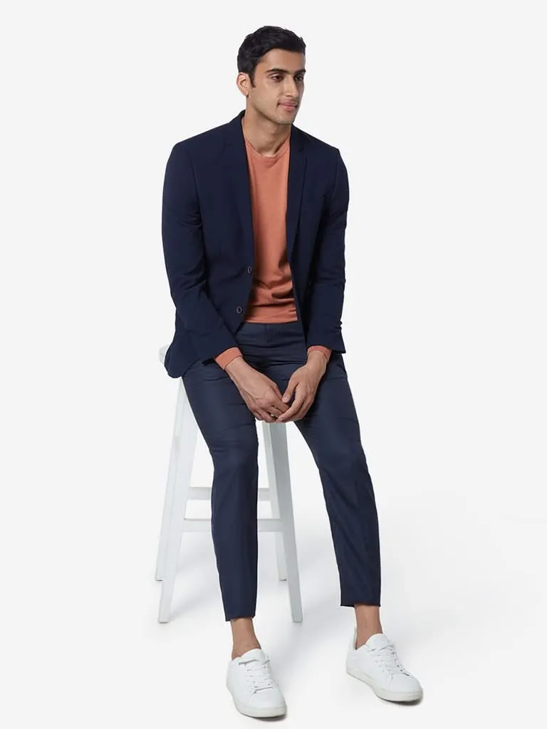 WES Formals Navy Slim-Fit Textured Blazer