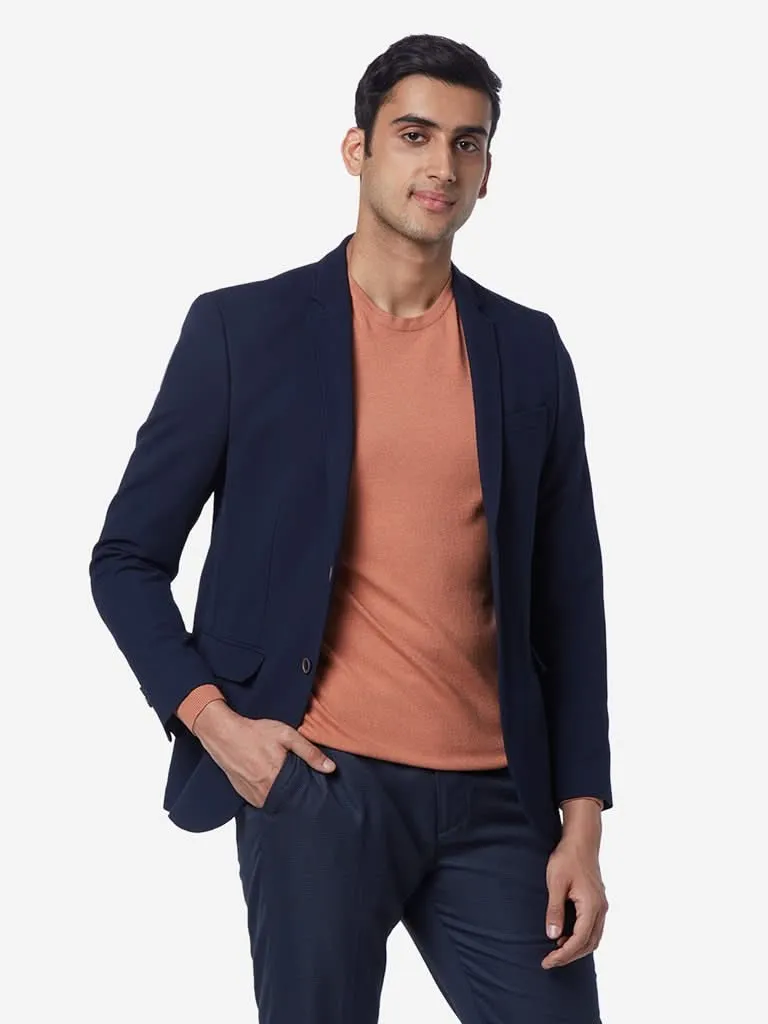 WES Formals Navy Slim-Fit Textured Blazer