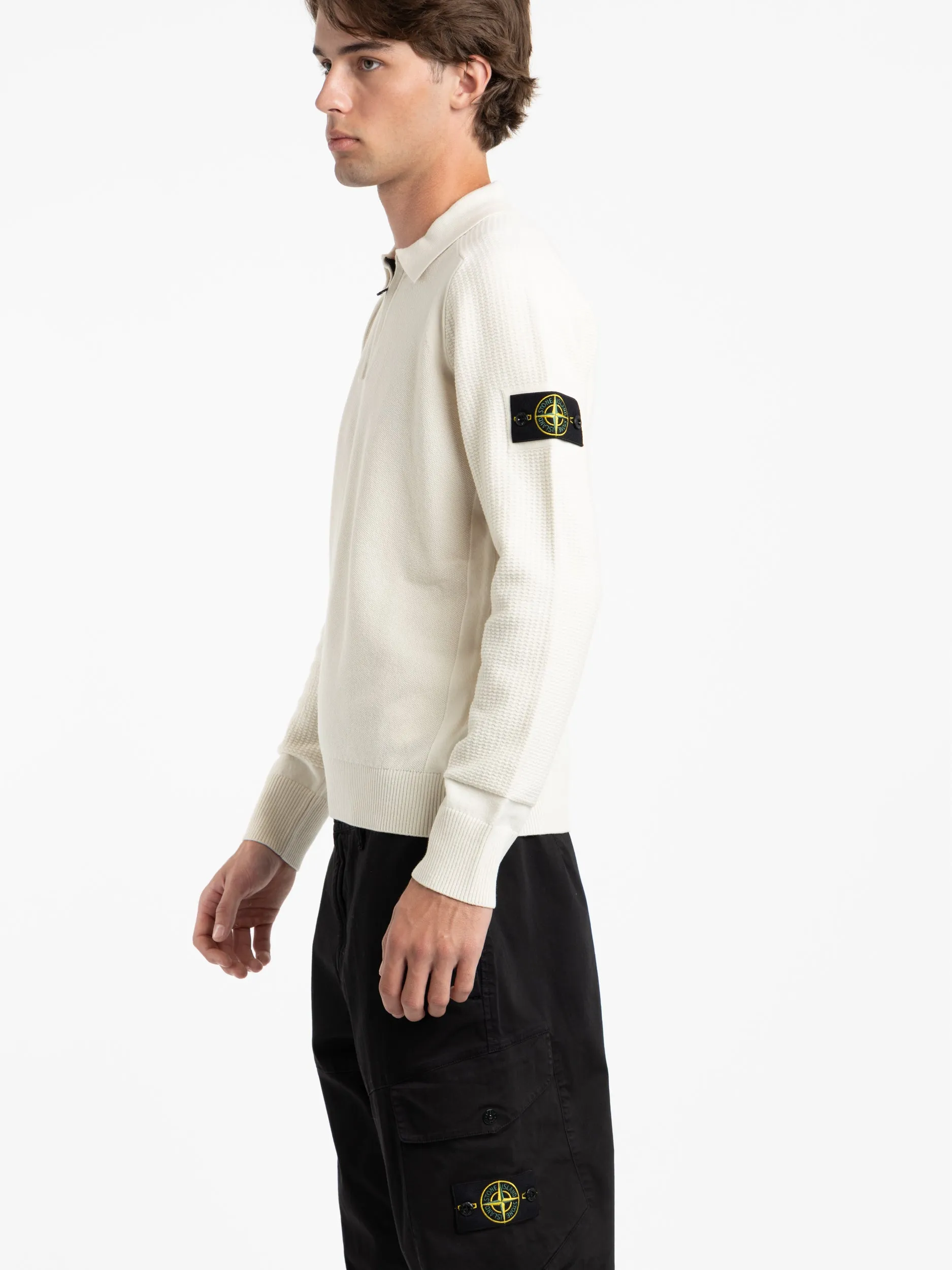 White Compass-Badge Knitted Polo Shirt