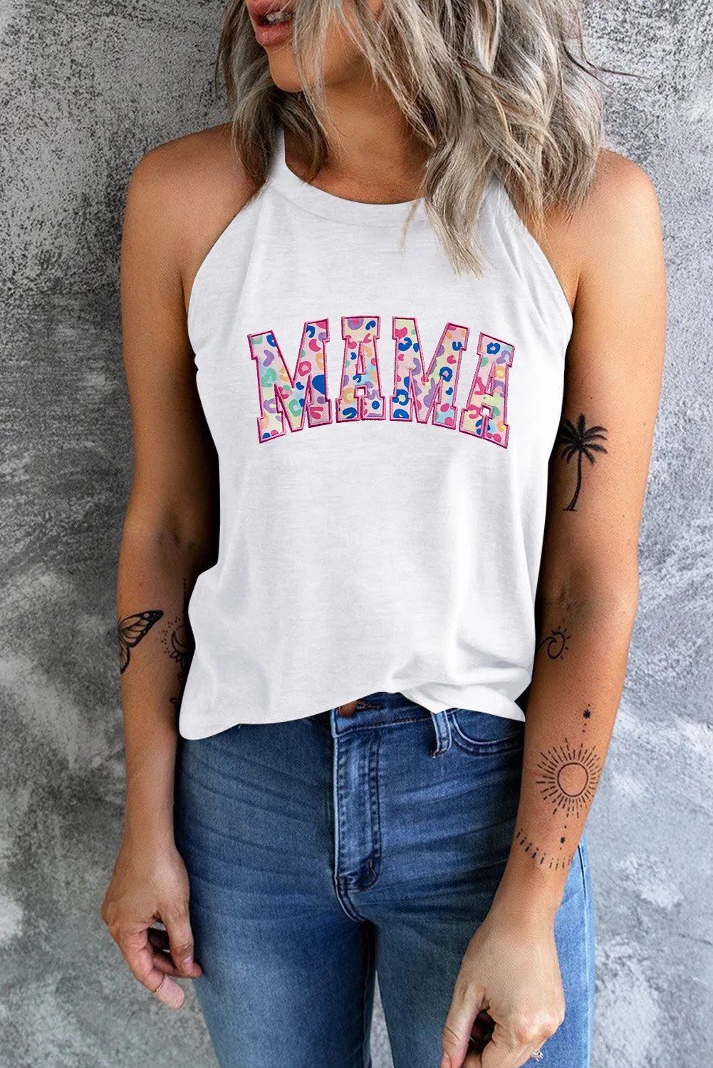 Women's Chic Leopard MAMA Letter Embroidered Tank Top