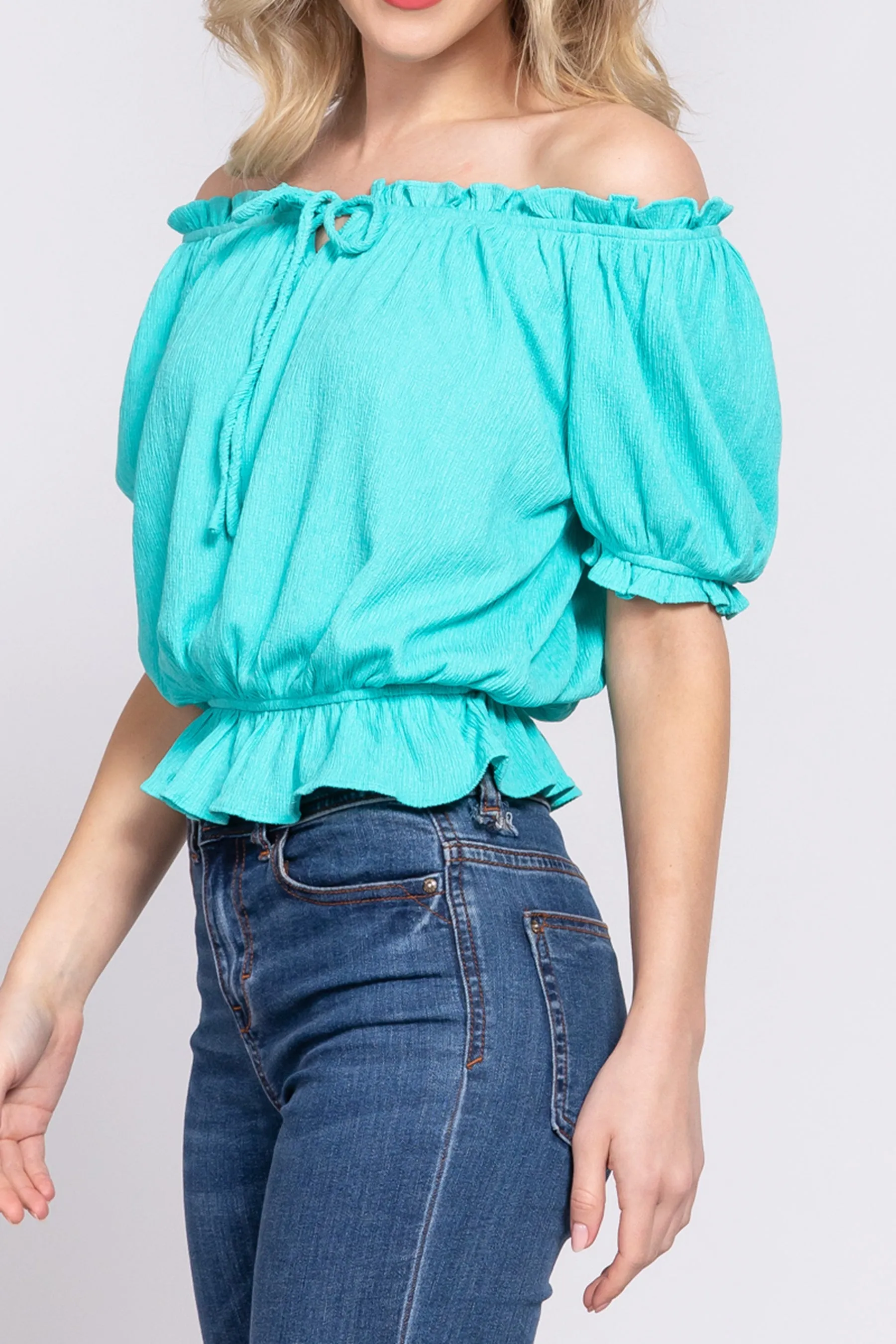 Women's Chic Off-the-Shoulder, Short Sleeve with Front Ribbon Tie & Elastic Waist